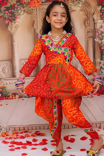 Orange printed cotton kurti with dhoti set for girls