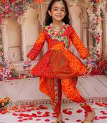 Orange printed cotton kurti with dhoti set for girls