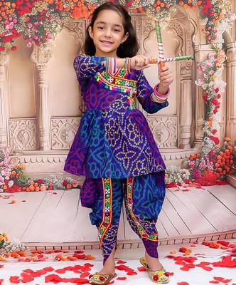 Blue printed cotton kurti with dhoti set for girls 1