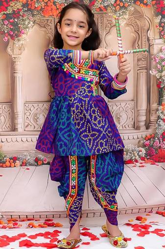 Blue printed cotton kurti with dhoti set for girls