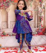 Blue printed cotton kurti with dhoti set for girls