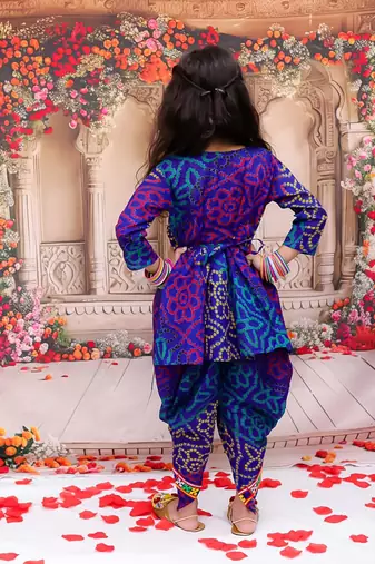 Blue printed cotton kurti with dhoti set for girls