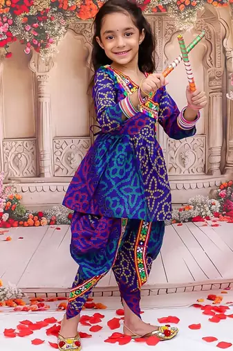 Blue printed cotton kurti with dhoti set for girls