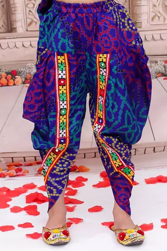 Blue printed cotton kurti with dhoti set for girls