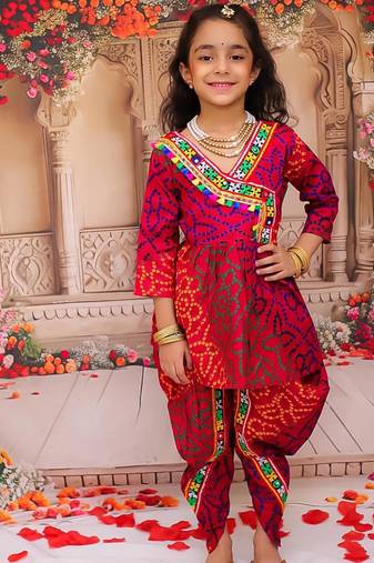 Pink printed cotton kurti with dhoti set for girls
