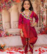 Pink printed cotton kurti with dhoti set for girls