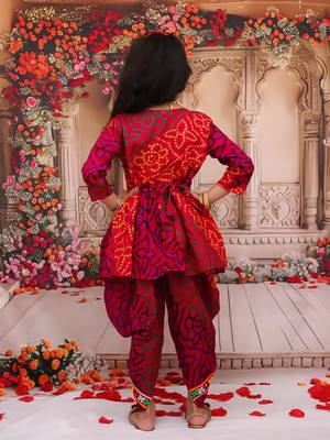 Pink printed cotton kurti with dhoti set for girls 2