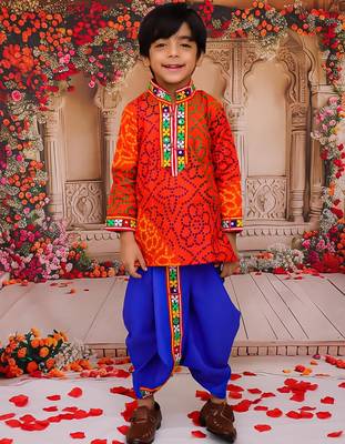 Orange printed cotton kurta with dhoti set for boys 1