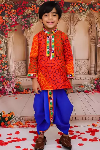 Orange printed cotton kurta with dhoti set for boys