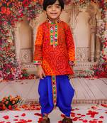 Orange printed cotton kurta with dhoti set for boys