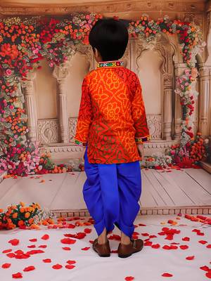 Orange printed cotton kurta with dhoti set for boys 2