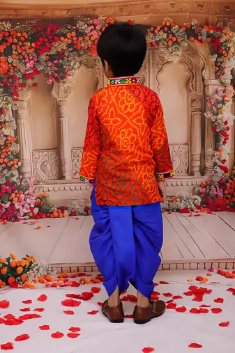 Orange printed cotton kurta with dhoti set for boys