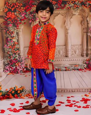 Orange printed cotton kurta with dhoti set for boys 3