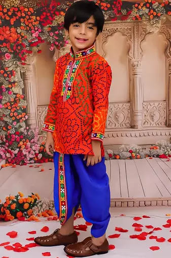 Orange printed cotton kurta with dhoti set for boys