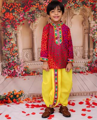 Multicolour printed cotton kurta with dhoti set for boys 1