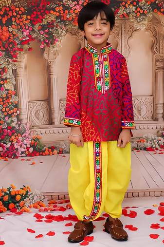 Multicolour printed cotton kurta with dhoti set for boys