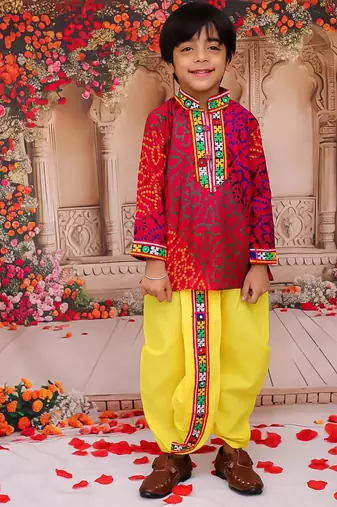 Multicolour printed cotton kurta with dhoti set for boys