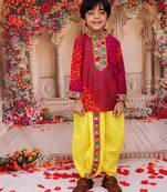 Multicolour printed cotton kurta with dhoti set for boys