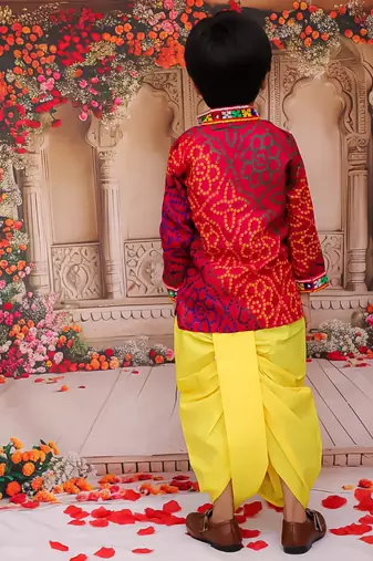 Multicolour printed cotton kurta with dhoti set for boys