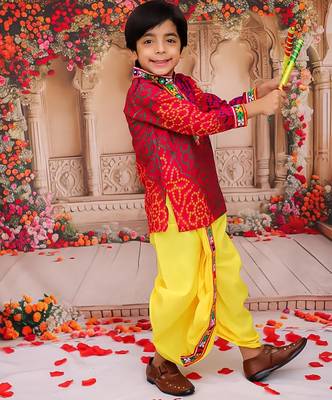 Multicolour printed cotton kurta with dhoti set for boys 3