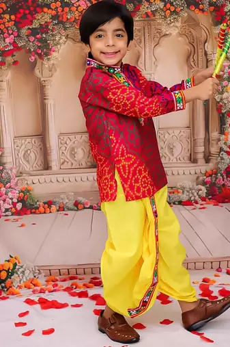 Multicolour printed cotton kurta with dhoti set for boys