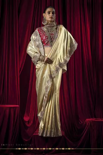 cream kanjivaram silk blend wedding saree