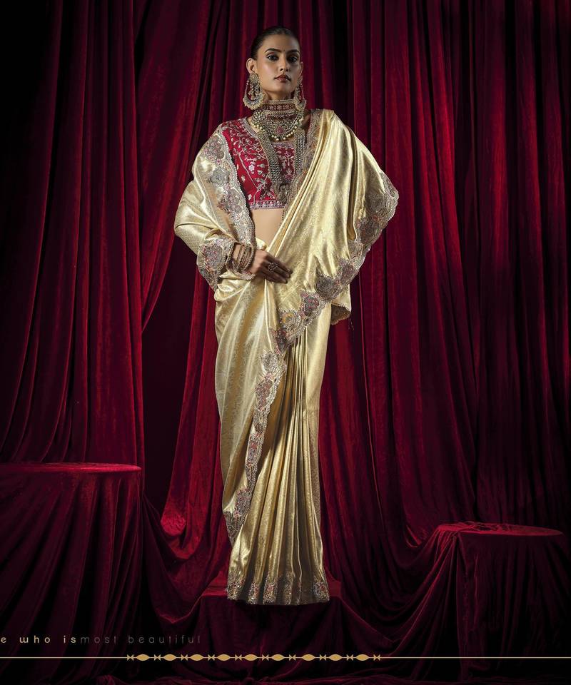cream kanjivaram silk blend wedding saree
