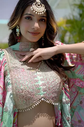 Green Digital Printed with Dori and Zari embroidered Chinnon Silk mehandi ceremony wear lehenga