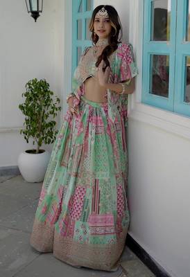 Green Digital Printed with Dori and Zari embroidered Chinnon Silk mehandi ceremony wear lehenga 5