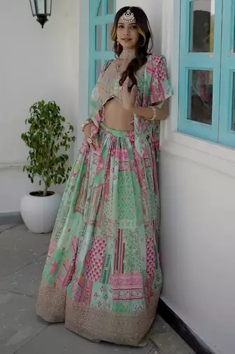 Green Digital Printed with Dori and Zari embroidered Chinnon Silk mehandi ceremony wear lehenga