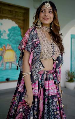 Black Digital Printed with Dori and Zari embroidered Chinnon Silk Ethnic lehenga 2