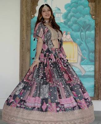 Black Digital Printed with Dori and Zari embroidered Chinnon Silk Ethnic lehenga 4
