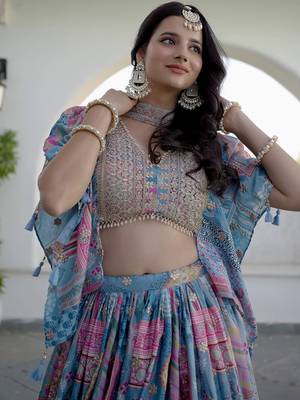 sky-blue Digital Printed with Dori and Zari embroidered Chinnon Silk designer lehenga 2