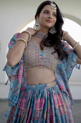 sky-blue Digital Printed with Dori and Zari embroidered Chinnon Silk designer lehenga