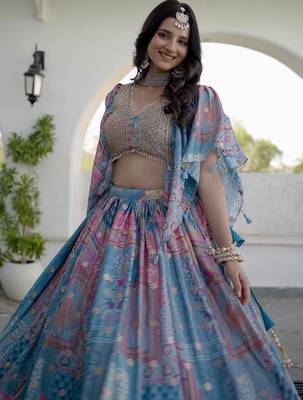 sky-blue Digital Printed with Dori and Zari embroidered Chinnon Silk designer lehenga 3