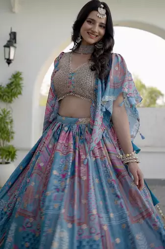 sky-blue Digital Printed with Dori and Zari embroidered Chinnon Silk designer lehenga