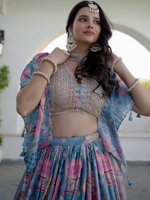 sky-blue Digital Printed with Dori and Zari embroidered Chinnon Silk designer lehenga 4