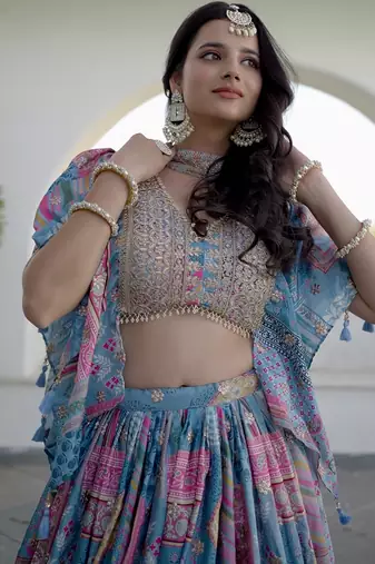 sky-blue Digital Printed with Dori and Zari embroidered Chinnon Silk designer lehenga