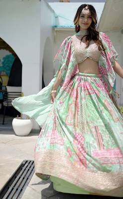 Green Digital Printed with Dori and Zari embroidered Chinnon Silk mehandi ceremony wear lehenga 6