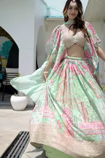 Green Digital Printed with Dori and Zari embroidered Chinnon Silk mehandi ceremony wear lehenga