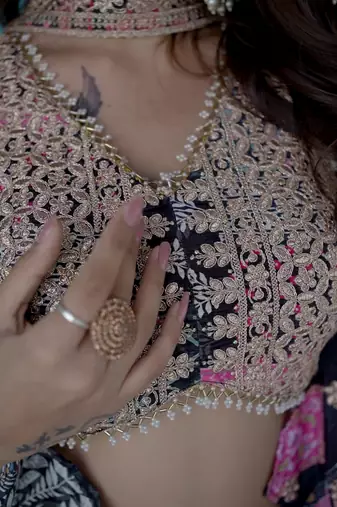 Black Digital Printed with Dori and Zari embroidered Chinnon Silk Ethnic lehenga