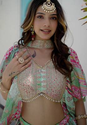 Green Digital Printed with Dori and Zari embroidered Chinnon Silk mehandi ceremony wear lehenga 7