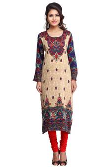 Beige Pashmina Printed Round Neck Long Kurti