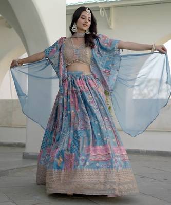 sky-blue Digital Printed with Dori and Zari embroidered Chinnon Silk designer lehenga 5