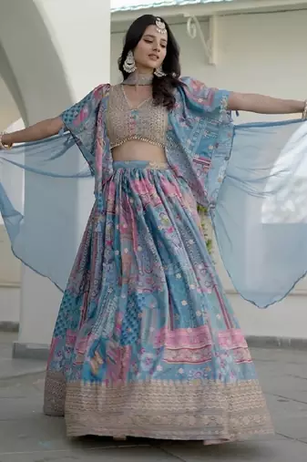 sky-blue Digital Printed with Dori and Zari embroidered Chinnon Silk designer lehenga