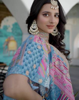 sky-blue Digital Printed with Dori and Zari embroidered Chinnon Silk designer lehenga 6