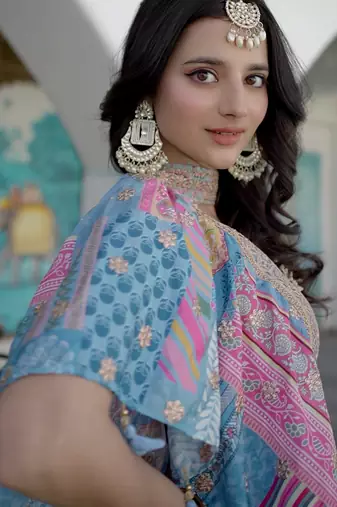 sky-blue Digital Printed with Dori and Zari embroidered Chinnon Silk designer lehenga