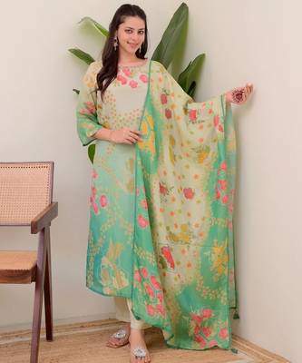 green colored party wear embroidered stitched aasam silk pant style kurti suit with duppatta 1