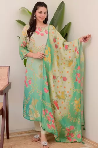 green colored party wear embroidered stitched aasam silk pant style kurti suit with duppatta