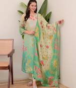 green colored party wear embroidered stitched aasam silk pant style kurti suit with duppatta